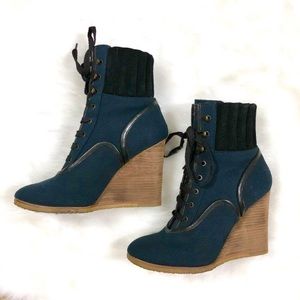 CHLOÉ Blue Canvas Brown Wedge Ankle Boots -Size 41